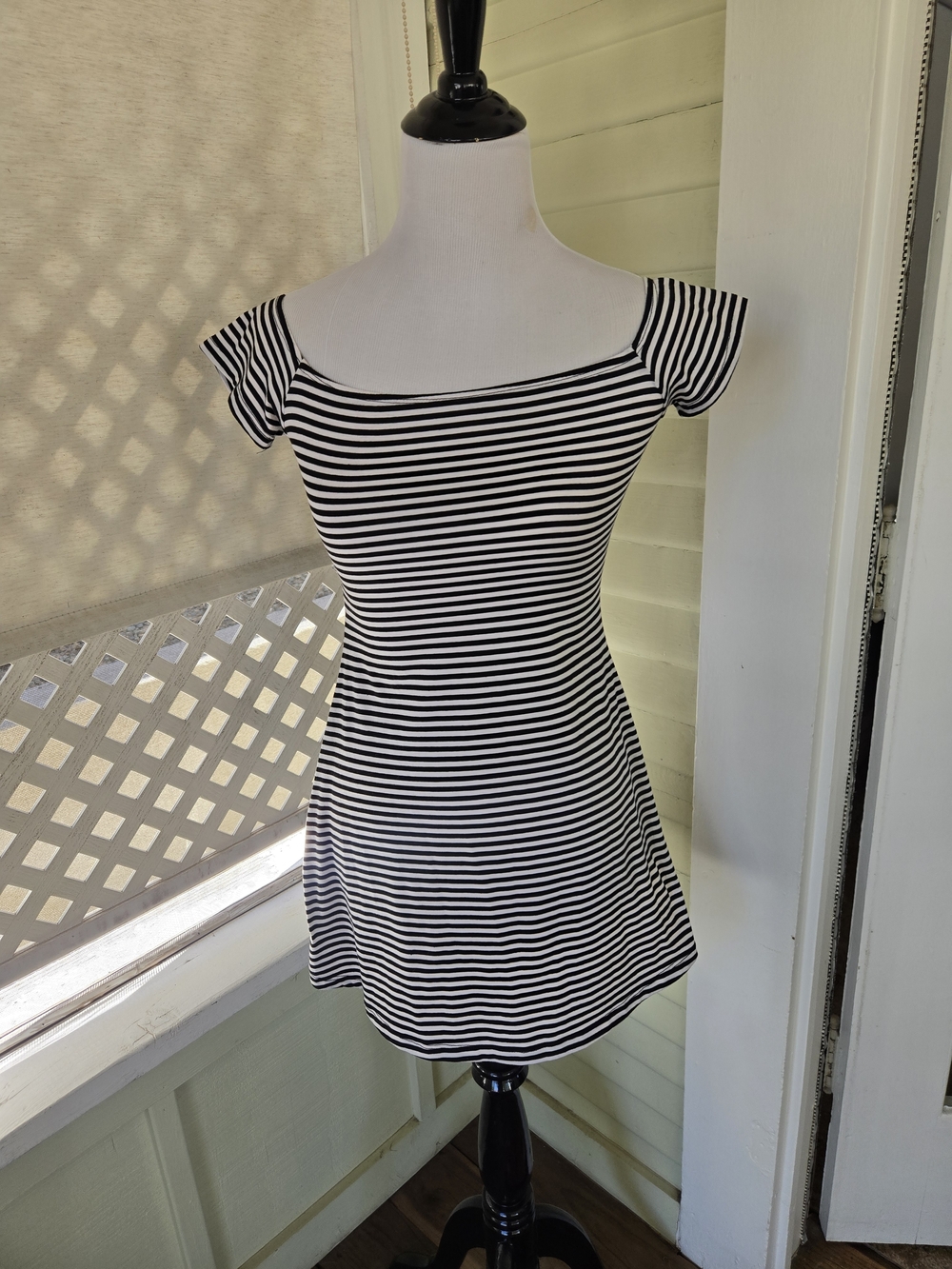 SHEIN Black and White Striped Off-Shoulder Fit & Flare Dress